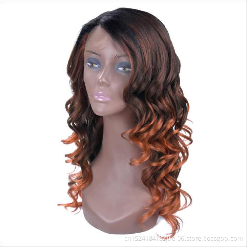 Japanese fiber natural looking C side part T1b/copper ombre color  long curly synthetic lace front wig